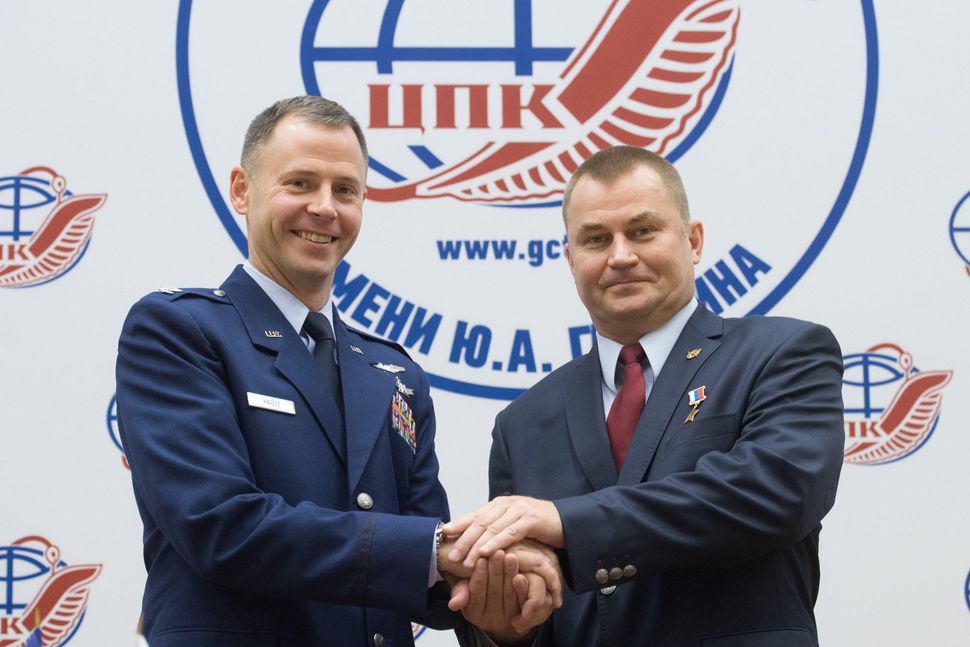 At the Gagarin Cosmonaut Training Center in Star City, Russia, Expedition 57 crewmembers Nick Hague of NASA (left) and Alexey Ovchinin of Roscosmos (right) pose for pictures Sept. 17 after a crew news conference. Hague and Ovchinin will launch Oct. 11 fro